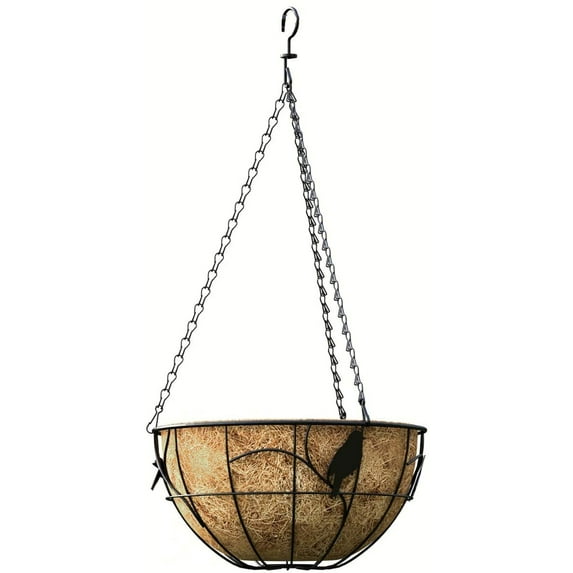 Panacea Products Metal Hanging Basket with Coco Liner, Bird Theme, Black 14"