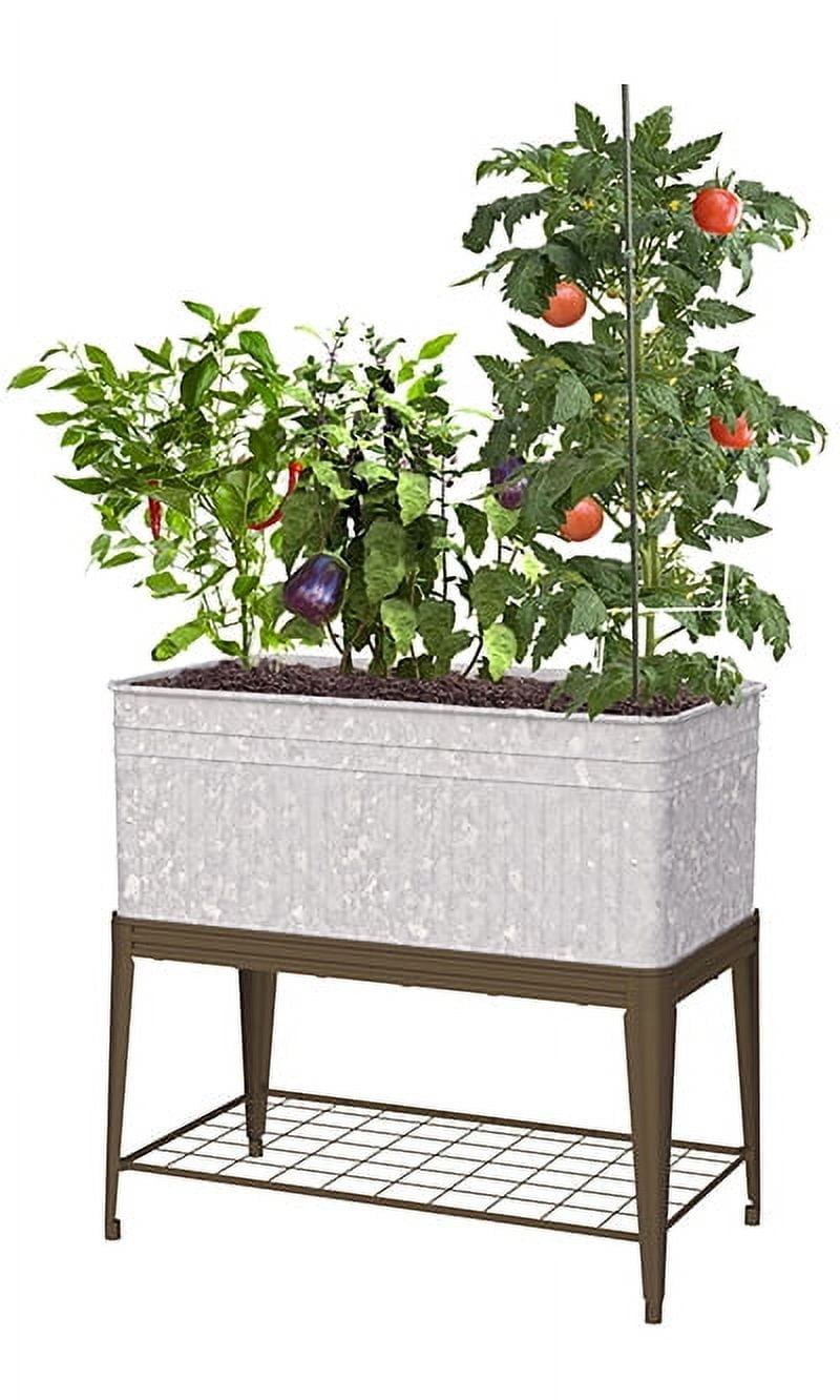 Medium Galvanized Steel Planter with Brown Metal Stand