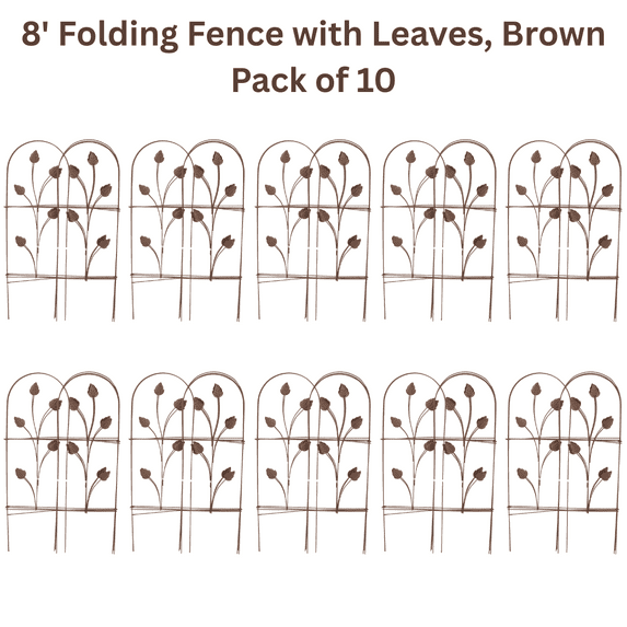 Panacea Folding Garden Fence, 8 ft Brown Steel Landscape Edging, Metal Border with Leaves