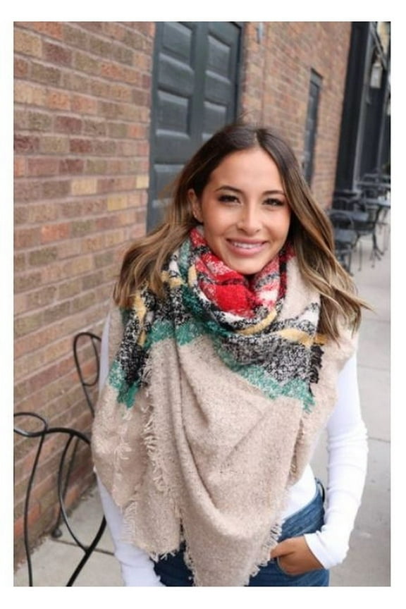 Panache Accessories Fuzzy Blanket Scarf Scarves Shall Fringe 58"x64" Tan Plaid