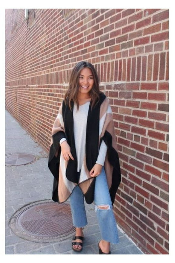 Panache Accessories Stripe Knit Cape Wrap Pashmina Shawl Top Stitch Black/Tan