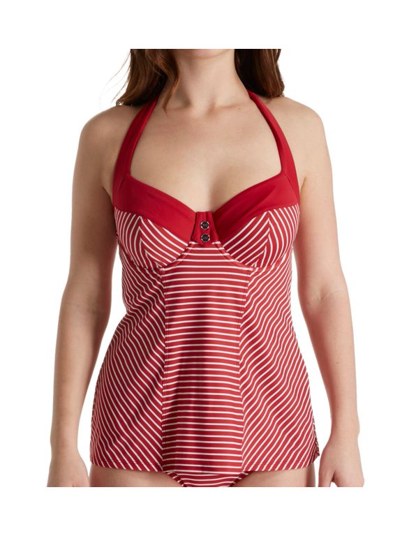 RED/WHITE Britt Stripe Halter Tankini Top, US 32D, UK 32D