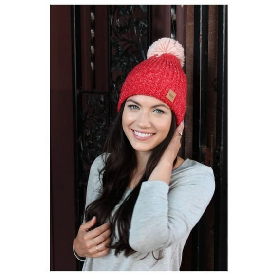 Panache Women's Knit Hat Cap Princess Crown Tag Accent Fleece Lined Pom Red