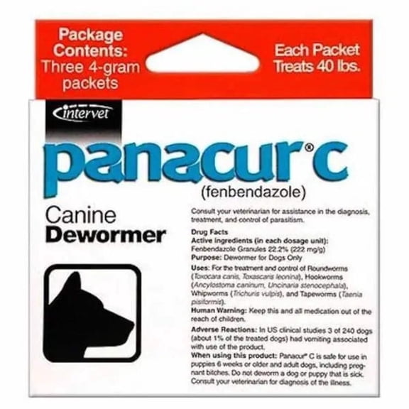 Panacur C Dewormer (Fenbendazole) for Dogs, Three 4-Gram Packets (40 Pounds)
