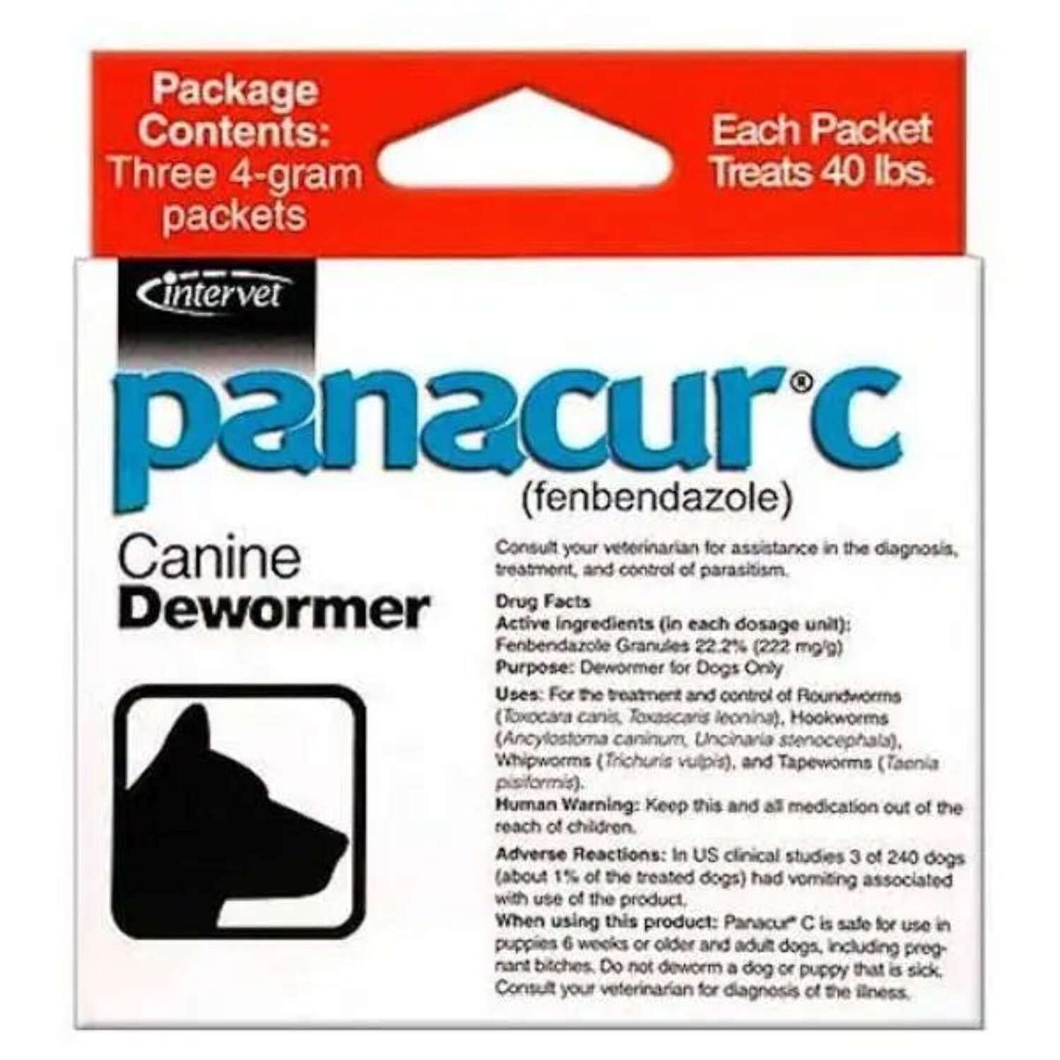 Panacur C Dewormer (Fenbendazole) for Dogs, Three 4-Gram Packets (40 Pounds)
