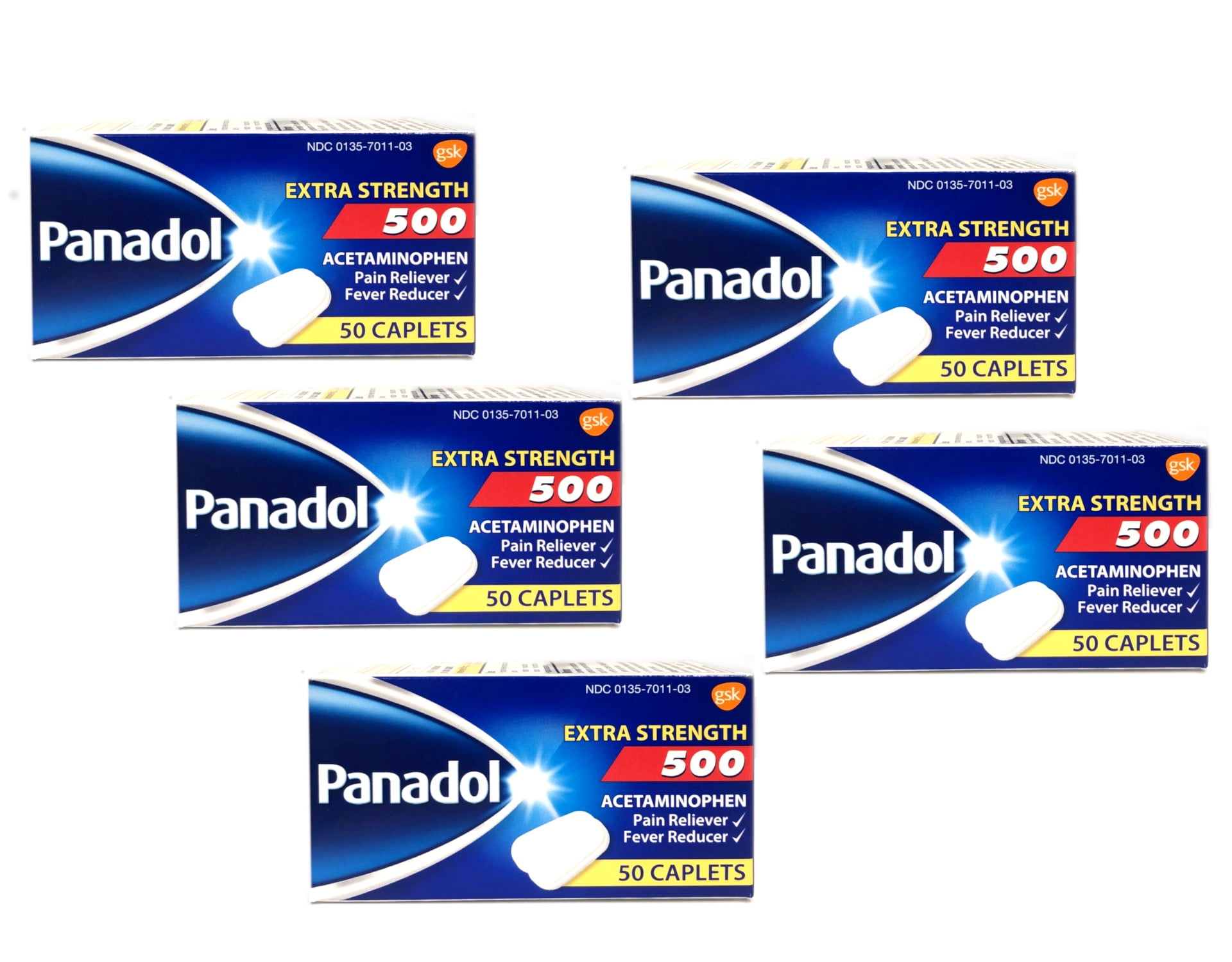Panadol Extra Strength 500mg, Pain & Fever Reducer, 50 Caplets Pack of 5