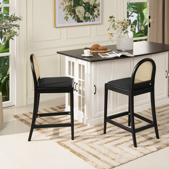 Panama 26.5" Curved Back Cane Rattan Counter Stool, Set of 2, Ebony Black Boucle