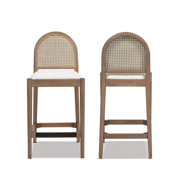 Panama 26.5" Curved Back Cane Rattan Set of 2 Counter Height Bar Stools in Ivory White Boucle