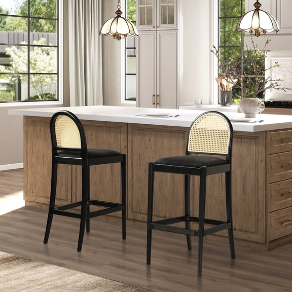 Panama 30.5" Curved Back Cane Rattan Bar Stool, Set of 2, Ebony Black Boucle