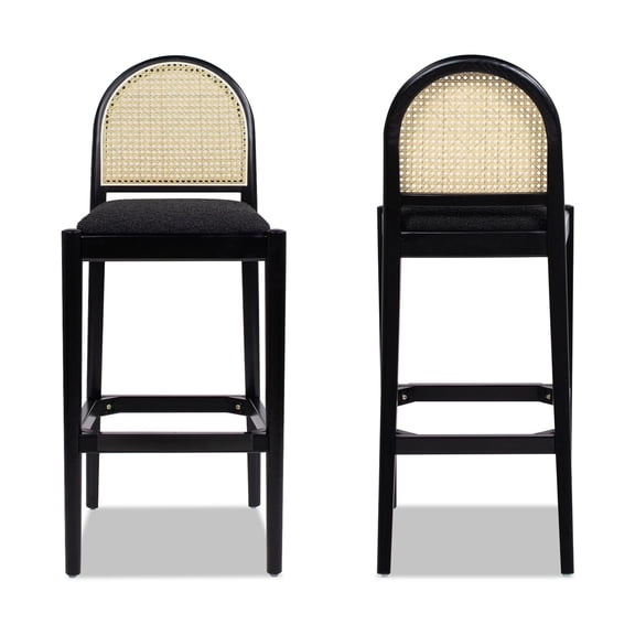 Panama 30.5" Curved Back Cane Rattan Set of 2 Bar Stools in Ebony Black Boucle