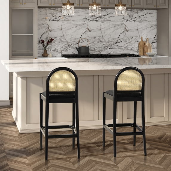 Panama 30.5" Curved Back Rattan Bar Stool with Black Boucle Fabric - Set of 2