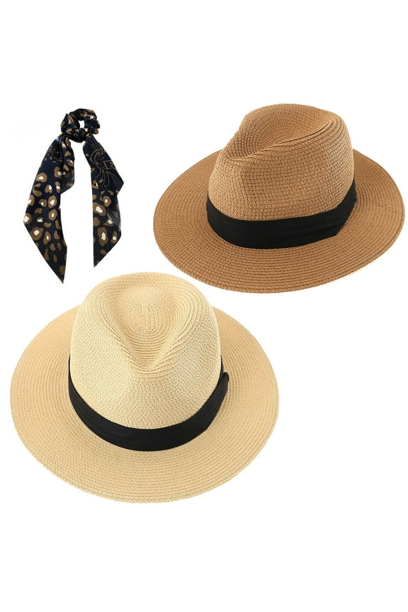 Panama Beach Hat for Women - 2 Pack Wide Brim Straw Hat for Summer Sun Beach Travel, Ivory and Tan Color