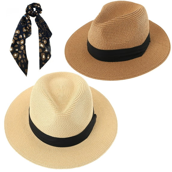 Panama Beach Hat for Women - 2 Pack Wide Brim Straw Hat for Summer Sun Beach Travel, Ivory and Tan Color