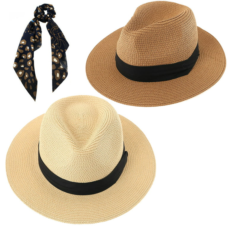 Panama Beach Hat for Women - 2 Pack Wide Brim Straw Hat for Summer Sun  Beach Travel, Ivory and Tan Color 