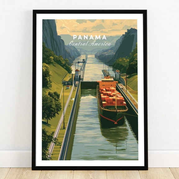 Panama Canal Cargo Ship Poster Central America Landscape Print Maritime Wall Art Travel Gi
