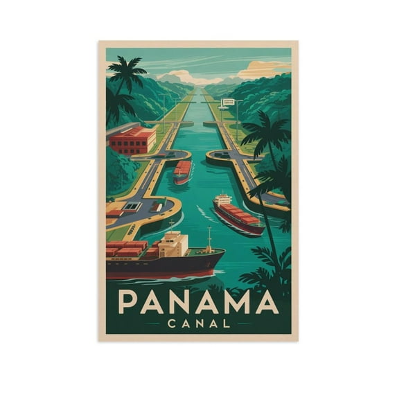 Panama Canal Retro Travel Poster Vintage Panama Tourism with Locks & Ships Print Poster