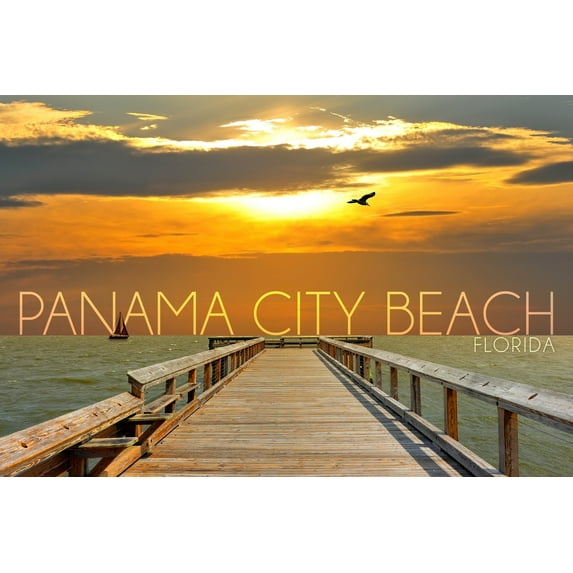Panama City Beach, Florida, Pier at Sunset (9x12 Wall Art Print, Home Decor)