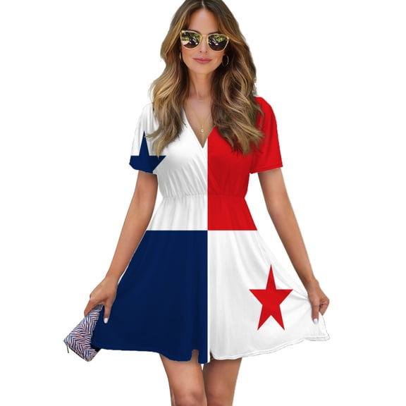 Panama Flag Women Dress V-Neck Short Sleeve Flowy Swing Party Midi Dress