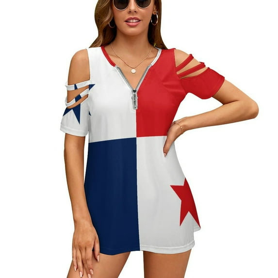 Panama Flag Womens Summer V Neck Zipper Top Short Sleeve T Shirt Off Shoulder Top Casual Classy Loose Shirts