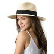 Panama Hat Sun Hats for Women Men Wide Brim Fedora Straw Beach Hat UV UPF 50- Beige- M