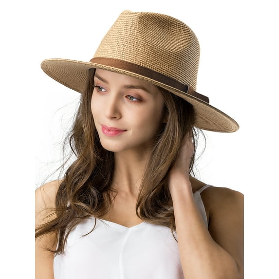 Panama Hat Sun Hats for Women Men Wide Brim Fedora Straw Beach Hat UV UPF 50- Khaki Brown- L