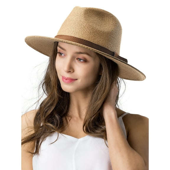 Panama Hat Sun Hats for Women Men Wide Brim Fedora Straw Beach Hat UV UPF 50- Khaki Brown- L