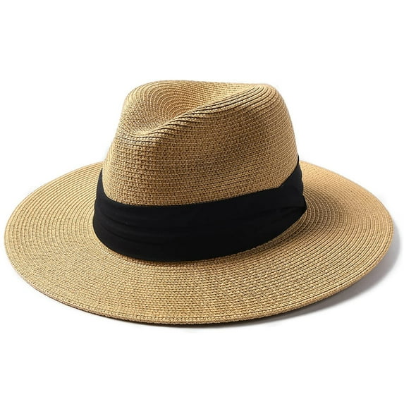 Panama Hat Sun Hats for Women Men Wide Brim Fedora Straw Beach Hat UV UPF 50- Khaki- L
