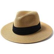 Panama Hat Sun Hats for Women Men Wide Brim Fedora Straw Beach Hat UV UPF 50- Khaki- M