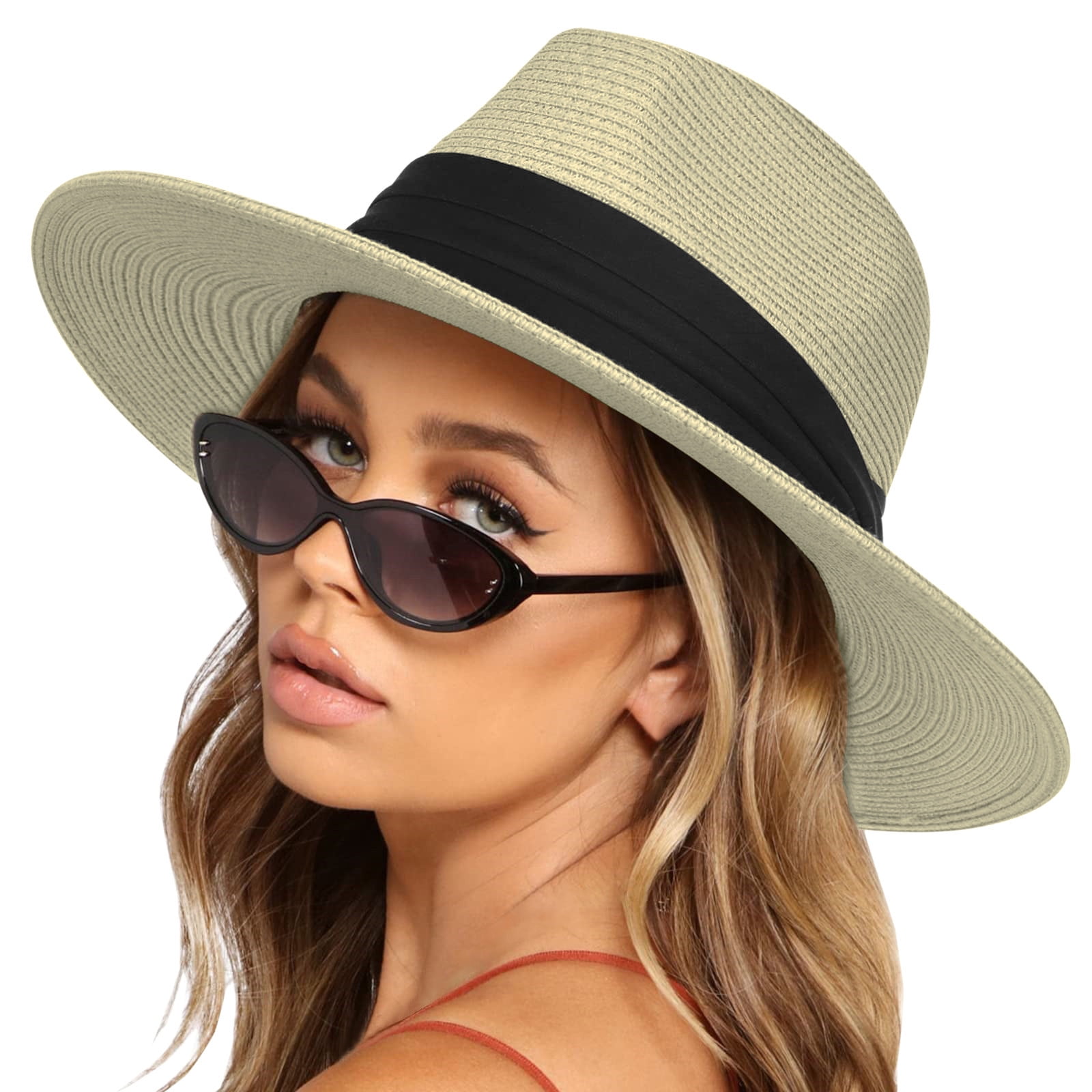 Wide Brim Straw Sun Hat with Wind Lanyard UPF 80+ Unisex Panama UPF 50+ Wide Brim Straw Sun Hat with Wind Lanyard - Beige  main image 3