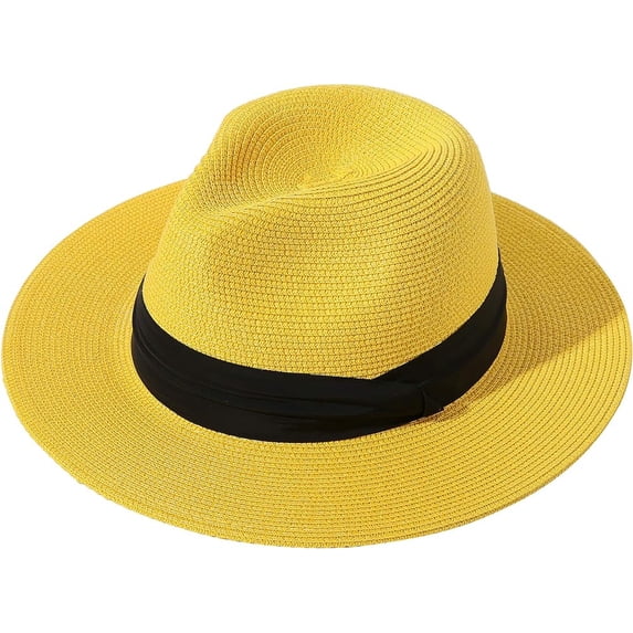 Panama Hat for Women Men, Straw Sun Hat Summer Beach Hats Wide Brim Fedora Foldable Vacation Travel Packable Cap