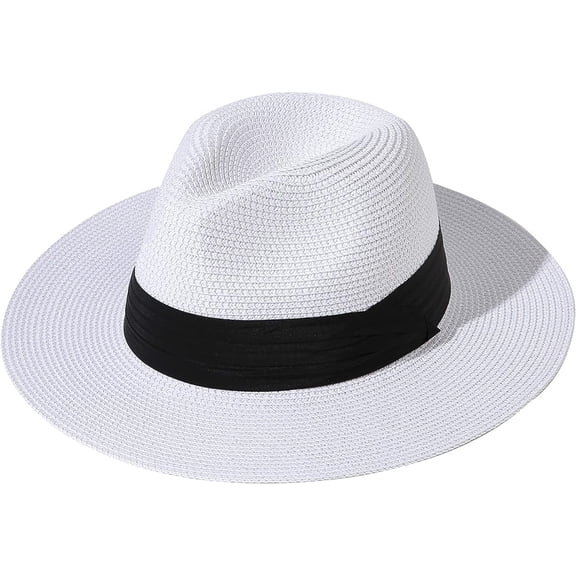 Panama Hat for Women Men, Straw Sun Hat Summer Beach Hats Wide Brim Fedora Foldable Vacation Travel Packable Cap