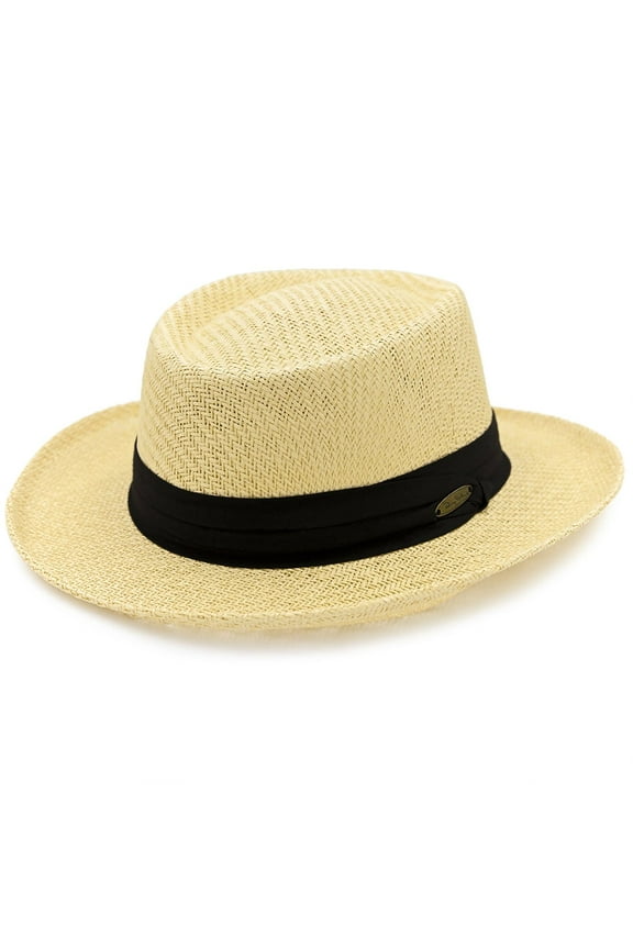 Gambler Straw Hat - Lightweight, 3" Big Brim, Inner Elastic Sweatband, 3-Pleat Ribbon Hat Band (Black, Small/Medium)