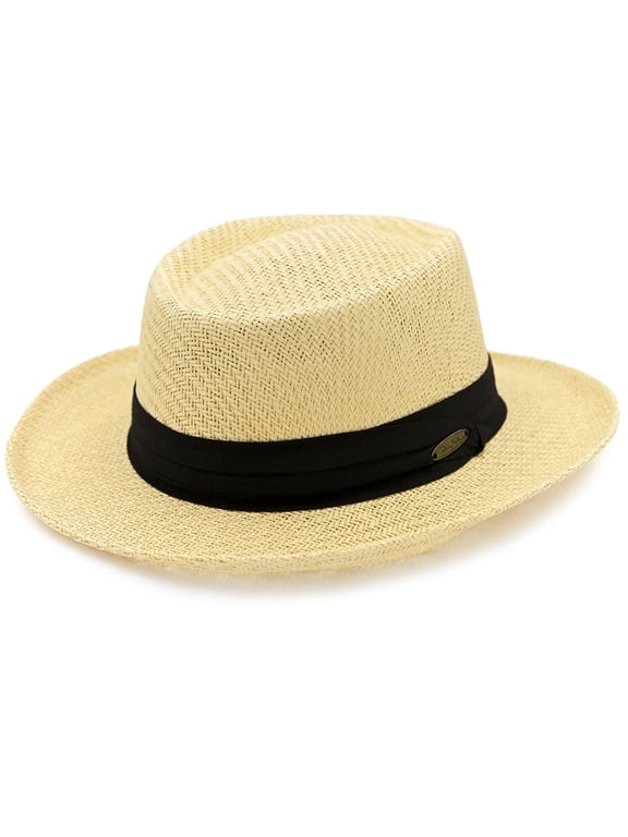 Men’s Gambler Straw Hat, Lightweight Sun Hat with Inner Elastic Sweatband, S-M, Black