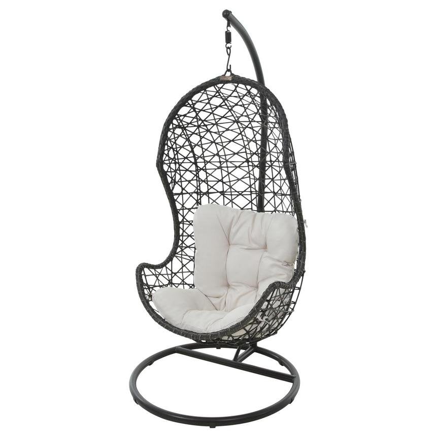 Coastal Black Wicker Hanging Chair with Off-White Cushions