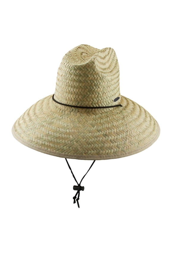 Lifeguard Sun Hat - Palm Fiber Straw, 5" Bound Big Brim, Chin Strap with Toggle, Logo Badge (Natural, One Size Fits Most)