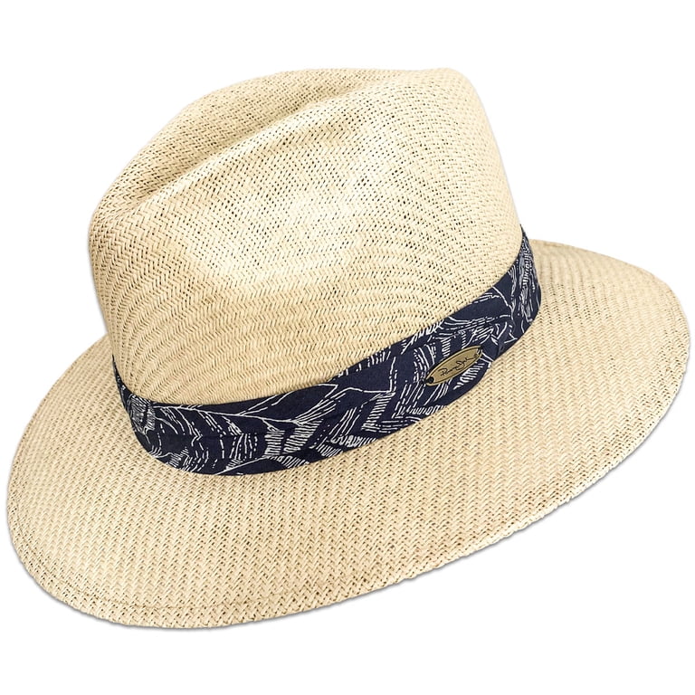 Panama Jack women\'s straw brimmed sun hat in a striped blue and tan Rush Straw Safari Sun Hat – Panama Jack® main image 4
