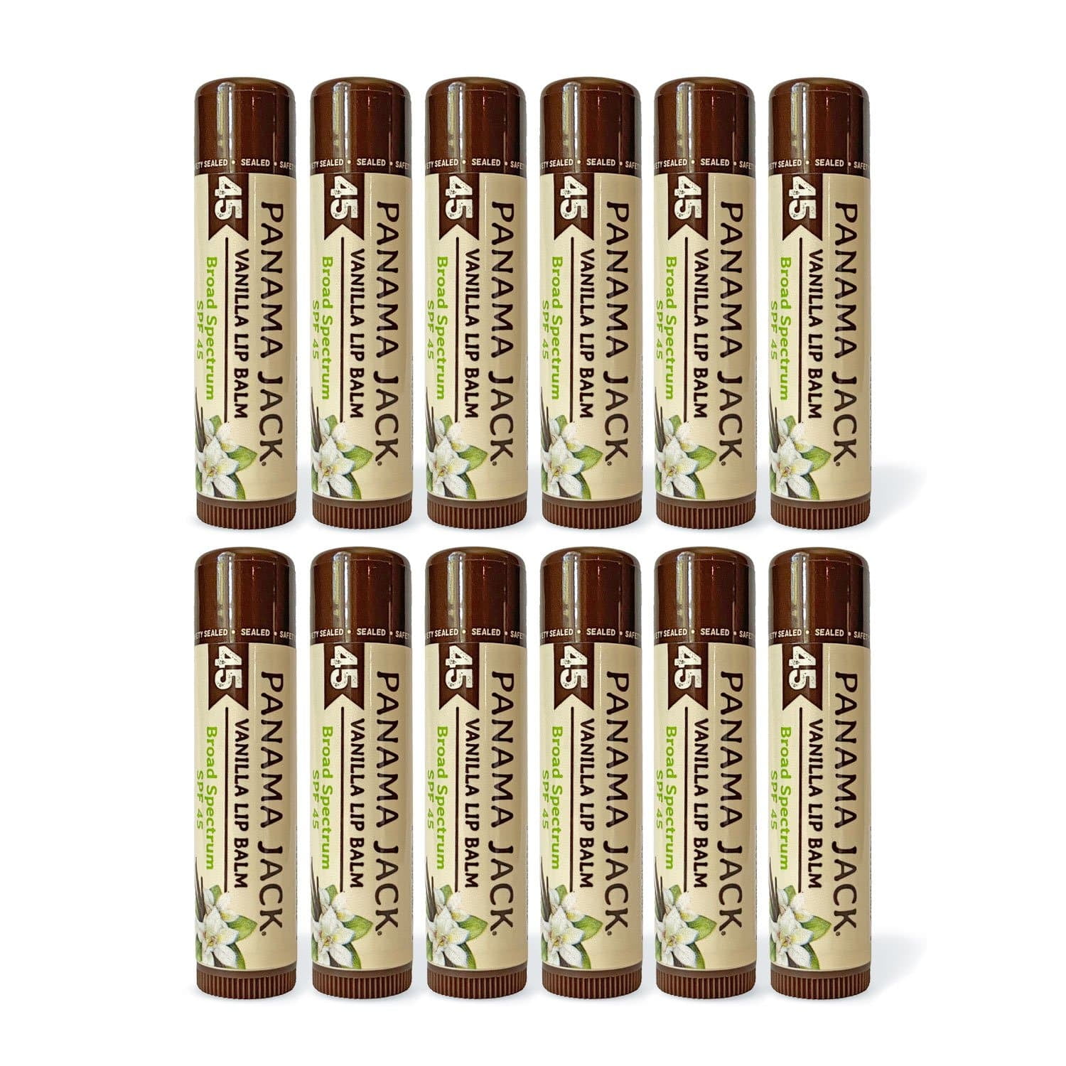 Panama Jack SPF 45 Lip Balm - Broad Spectrum UVA-UVB Sunscreen Protection, Prevents & Soothes Dry, Chapped Lips (Pack of 12, Vanilla)