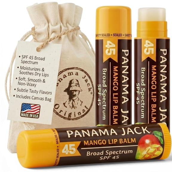 Panama Jack SPF Lip Balm, Smooth and Hydrating Lip Care Moisturizer, SPF 45, Mango, 3 Pack
