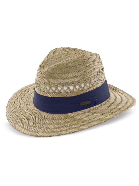 Safari Straw Hat - Lightweight, 3" Big Brim, Inner Elastic Sweatband, 3-Pleat Ribbon Hat Band (Navy, Large/X-Large)