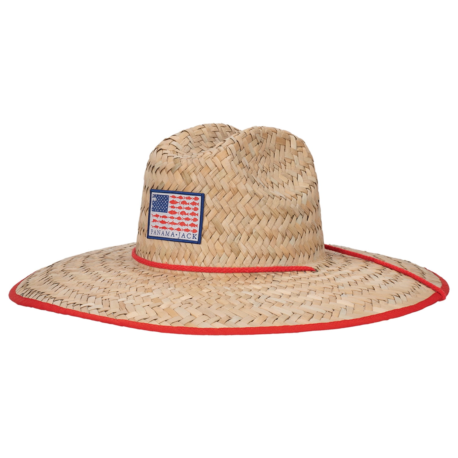 Panama Jack Straw Sun Hat - Fish Flag Lifeguard, Adjustable Chin Cord, Inner Elasticized Sweatband, 5 1/4 Big Brim (Red, Large/X-Large)