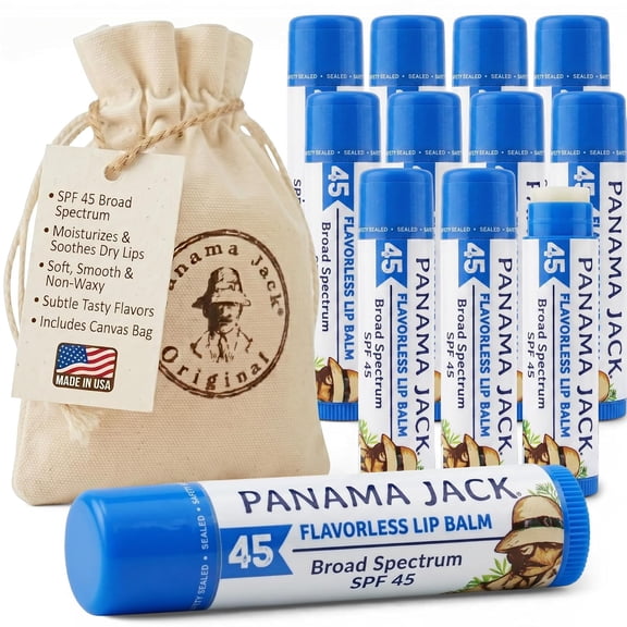Panama Jack SPF Lip Balm, Smooth and Hydrating Lip Care Moisturizer, SPF 45, Flavorless, 12 Pack