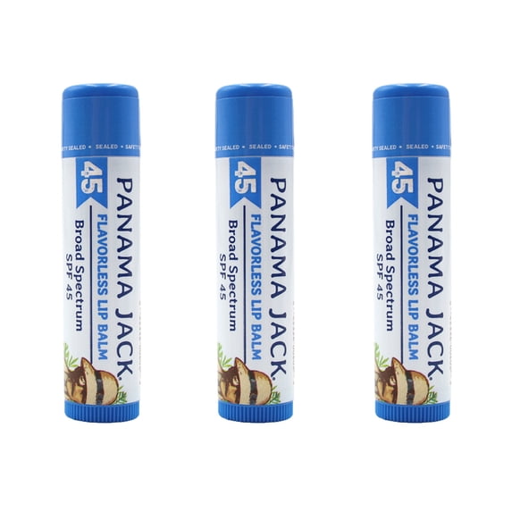 Panama Jack Sunscreen Lip Balm - SPF 45, Broad Spectrum UVA-UVB Sunscreen Protection, Prevents & Soothes Dry, Chapped Lips (Pack of 3, Flavorless)
