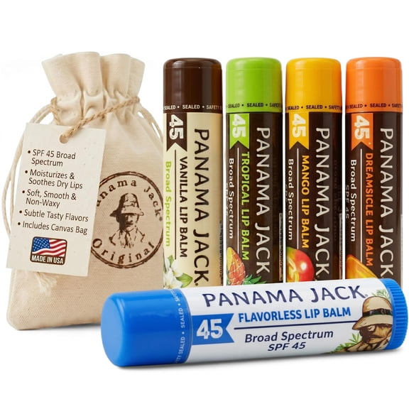 Panama Jack SPF 45 Sunscreen Lip Balm, Broad Spectrum SPF Lip Balm, 5 Flavors, 5 Pack