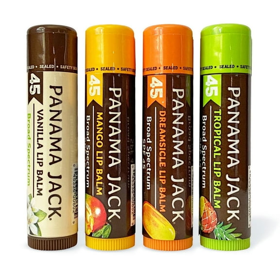 Panama Jack Sunscreen Lip Balm - SPF 45, Flavor Pack, Broad Spectrum UVA-UVB Sunscreen Protection, Prevents & Soothes Dry, Chapped Lips (Dreamsicle / Vanilla / Tropical / Mango)