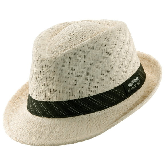 Panama Jack Weaved Toyo Fedora with Striped Black Band (Ivory, Large)