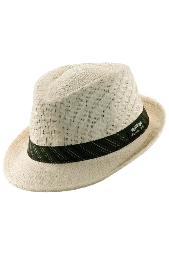 Weaved Toyo Fedora with Striped Black Band (Ivory, Medium)
