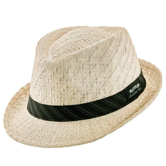 Panama Jack Weaved Toyo Fedora with Striped Black Band (Sand, Medium)