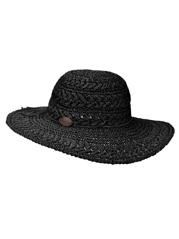 Women's Crocheted Toyo Sun Hat with Sizing Tie, 4" Big Brim (Black)