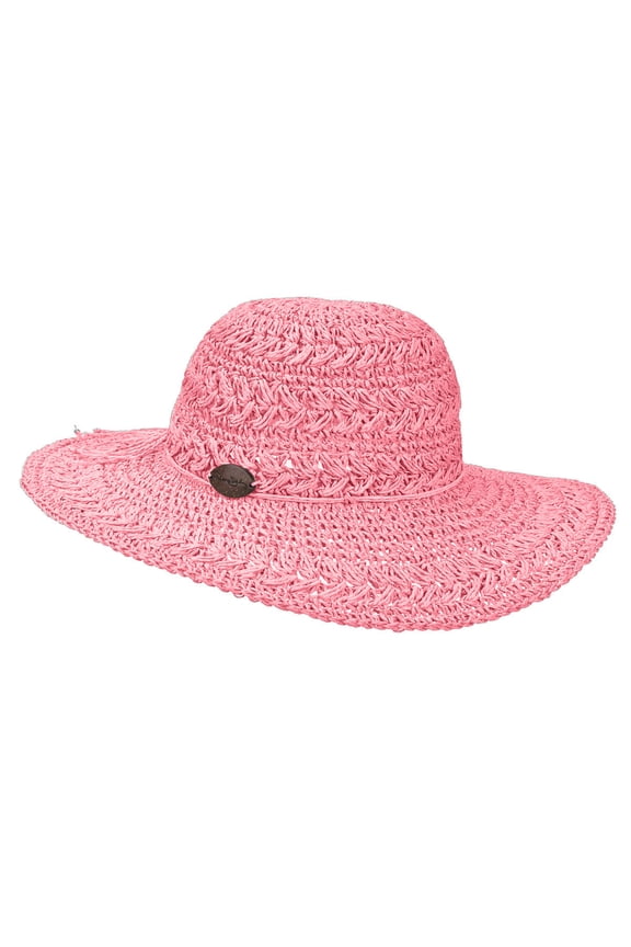 Women's Crocheted Toyo Sun Hat with Sizing Tie, 4" Big Brim (Coral)