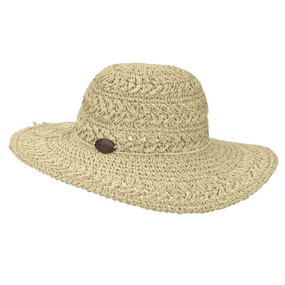 Panama Jack Women's Crocheted Toyo Sun Hat with Sizing Tie, 4" Big Brim (Natural)